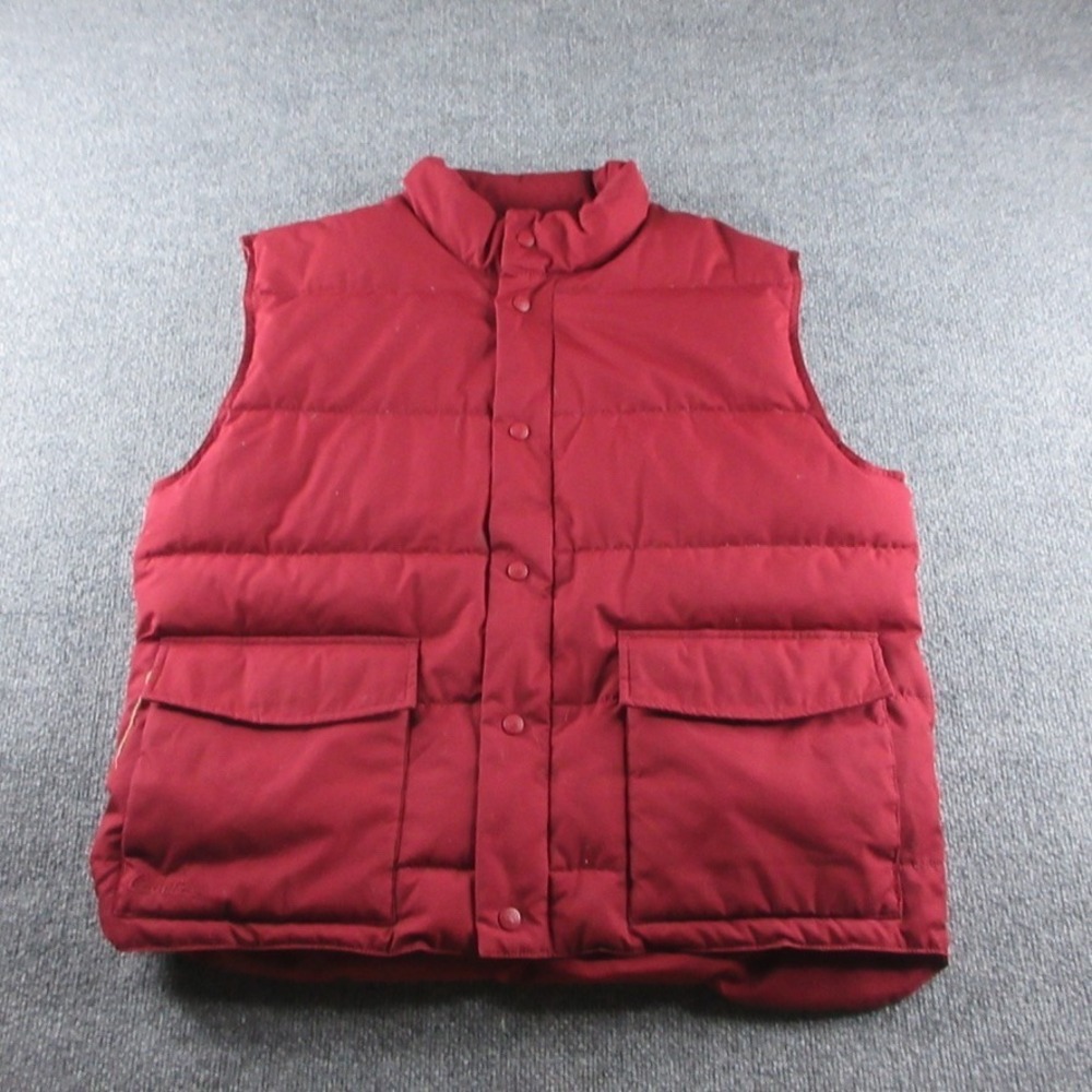 Cabelas Vest Mens L Red Premier Northern Goose Down Puffer Snap Lined Outdoors